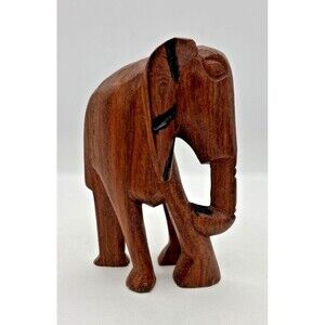 Vintage Hand Carved Wooden Elephant Figurine‎ Rosewood Primitive Africa 5.5"H